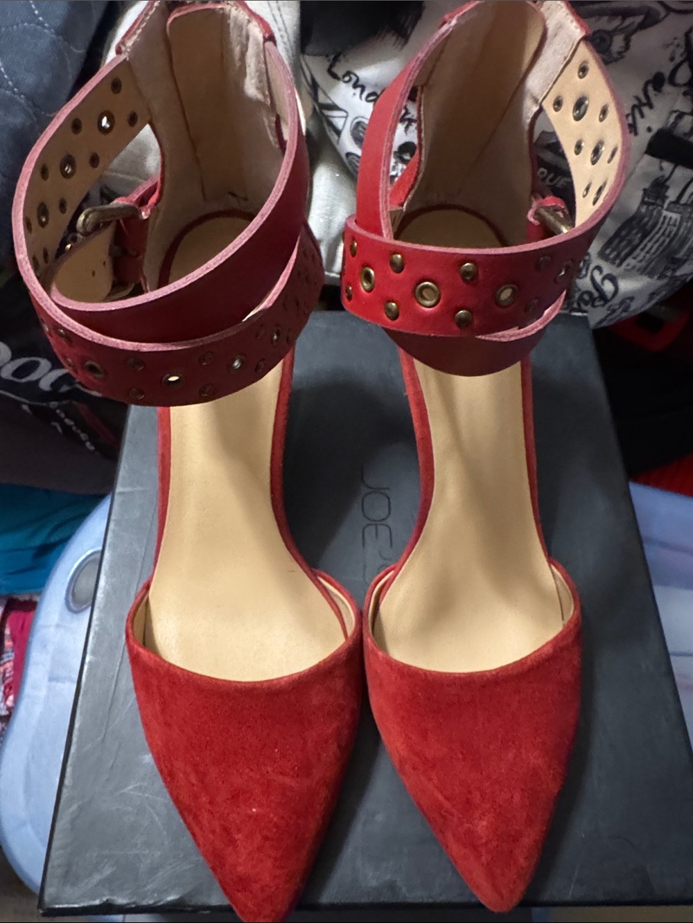Joe's Jeans Red Suede Pointed-Toe Ankle-Strap Heels with Studs